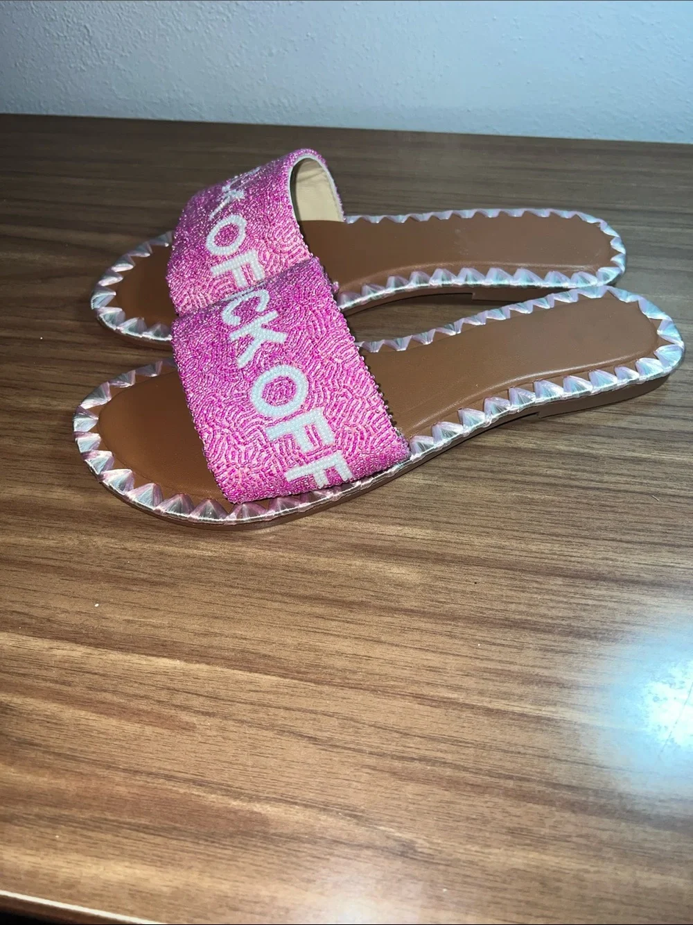Pink Beaded Slide Sandals with Bold Embroidery